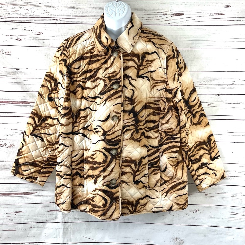 Chico's Jacket Women’s 4 US 20/22 Brown Tiger Prints Quilted Pockets Long Sleeve